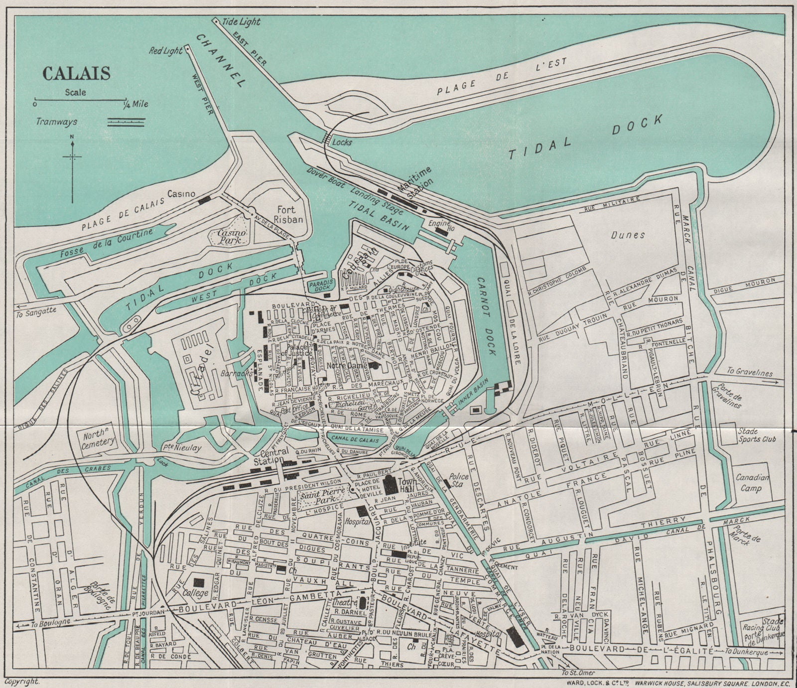 CALAIS vintage town/city plan. Pas-de-Calais. WARD LOCK 1938 old vintage map